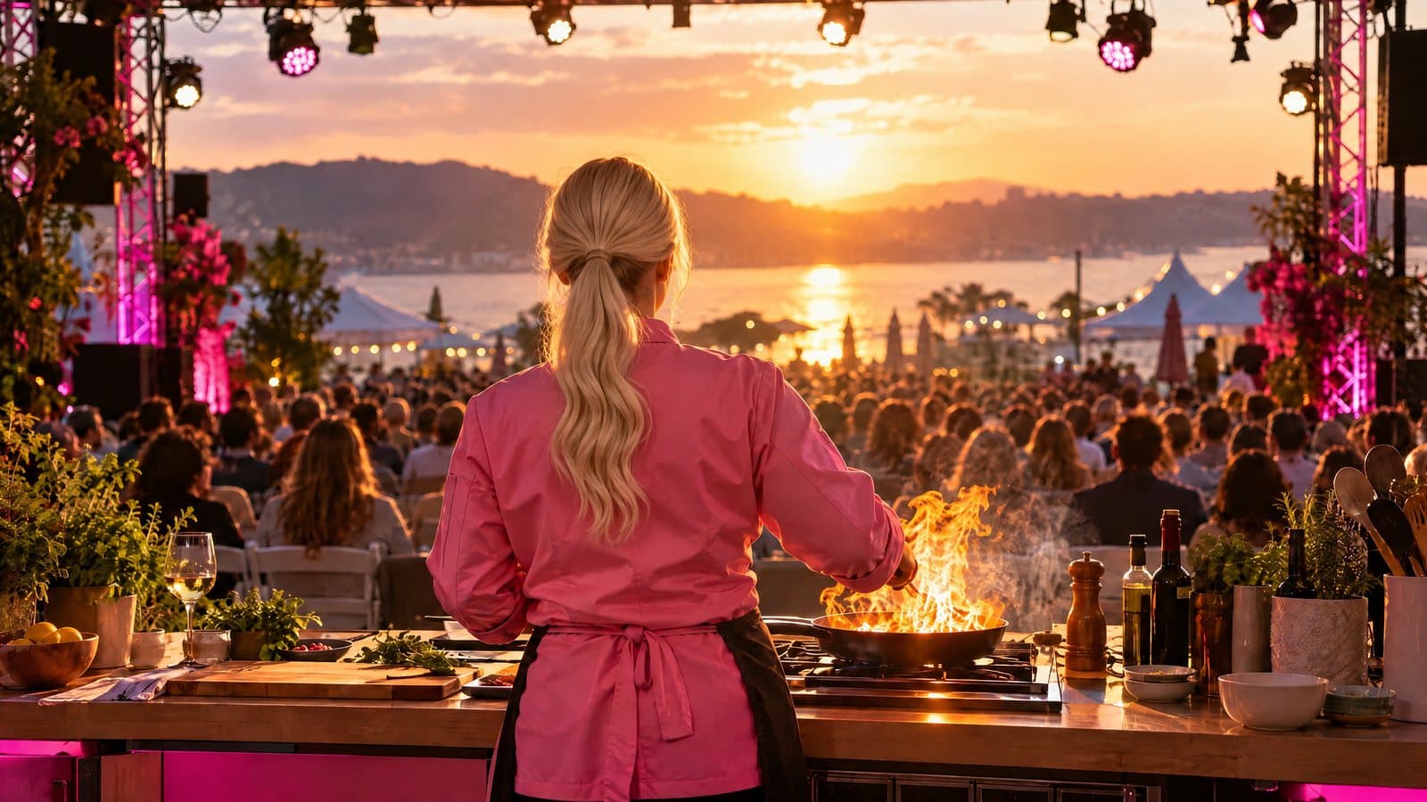 A live cooking demo on a festival stage with an audience